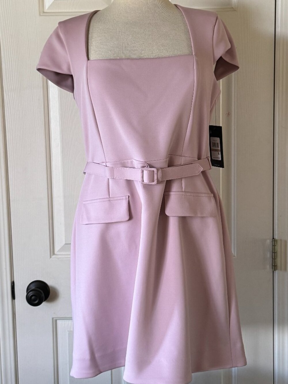 BCBG Scuba Square Neck Cap Sleeve Belted Mini Dress Pink 12 NWT